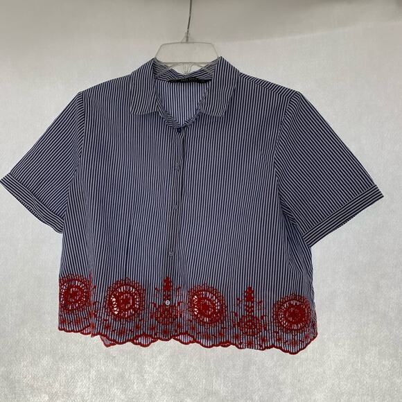 ZARA BASIC COLLECTION Striped Embroidered Crop Top Women's Size Medium - Picture 1 of 5